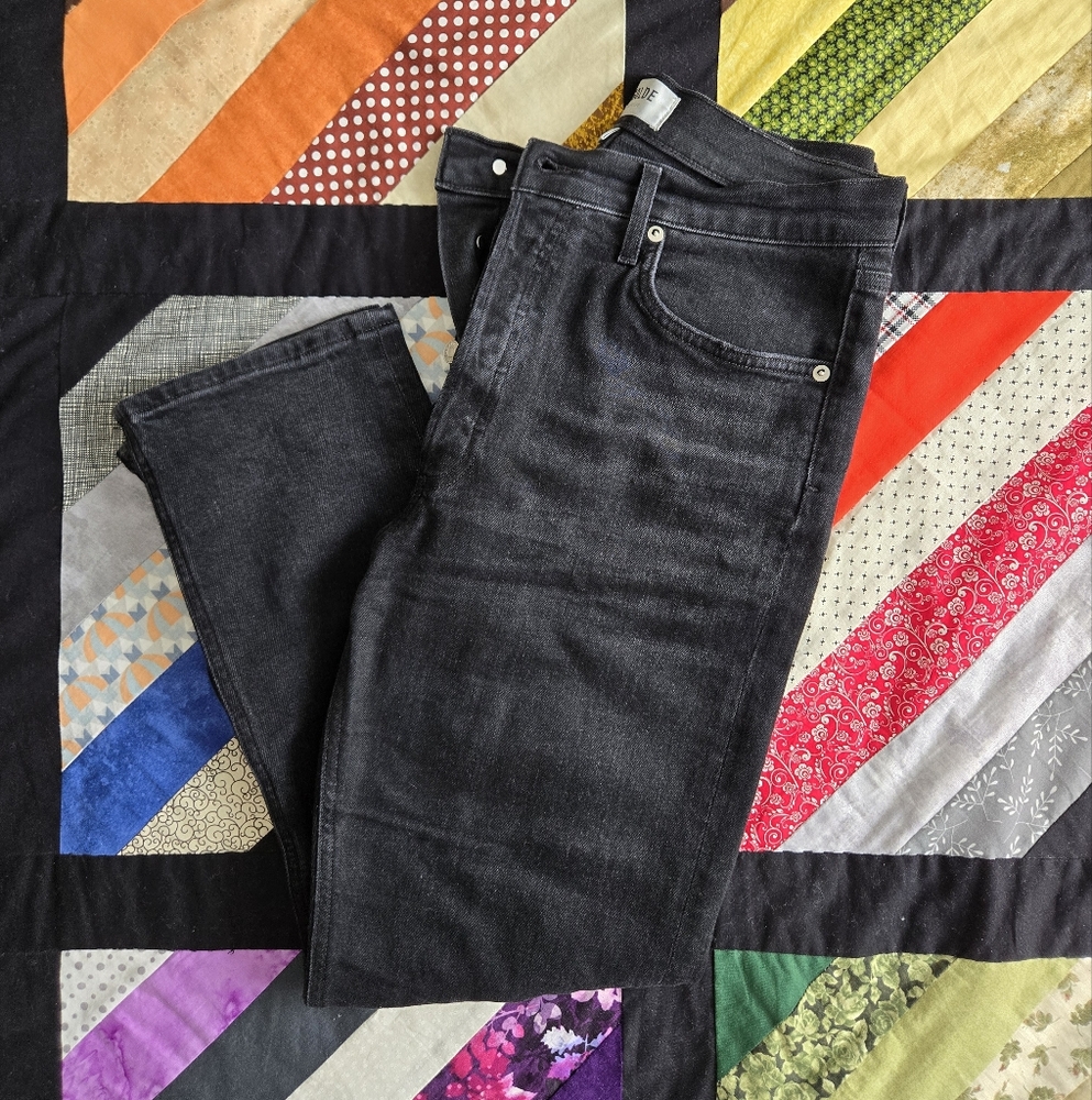 Agolde Riley Crop Jeans Stretch Denim Straight Leg Black Wash Grey